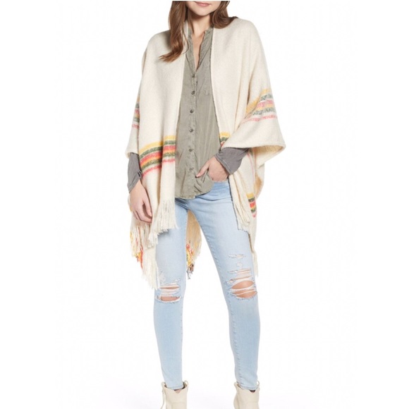 Free People Sweaters - free people ivory striped fringe ruana! NWT